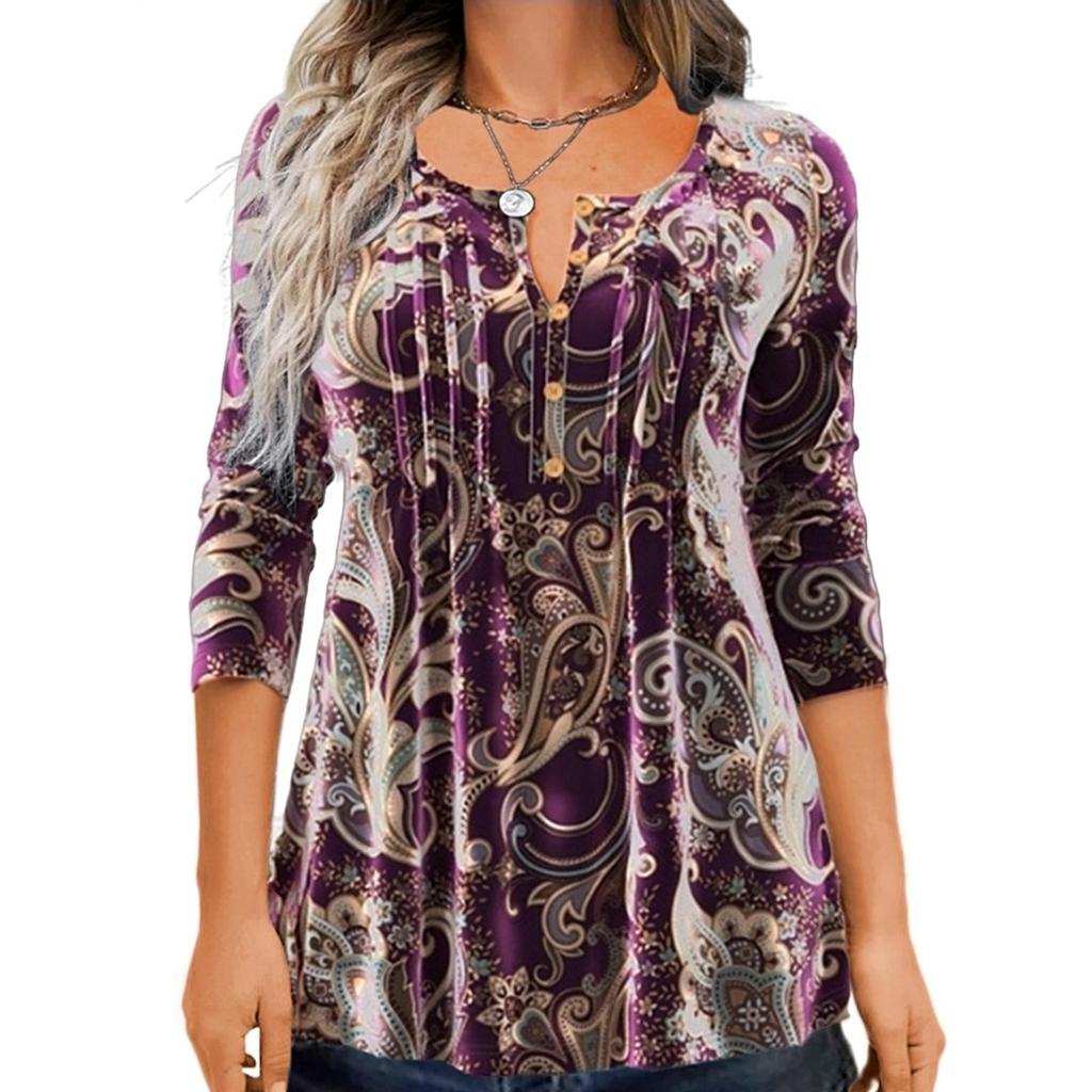 Spring Autumn T-shirt Fashion Floral Printing Round Neck Long Sleeve Top Women's T Shirts