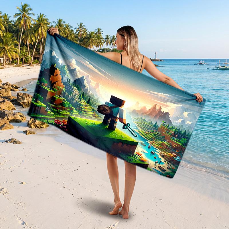 Minecraft Printed Swim Towel, Portable Water Absorbent Towel for Beach Camping Daily Bathroom Use
