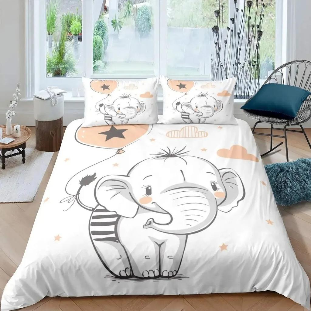 Elephant Soft Duvet Cover Set for Girl Lovely Carton Animals Elephant featuring Buterfly plus Bird Beding Set Warm Comforter Cover Quen Sized