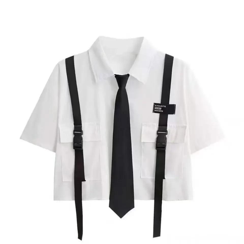 Женский комплект из брюк-карго на лето, рубашка с короткими рукавами и поясом в темном готическом стиле + черные брюки-джоггеры с цепочкой, комплект из двух предметов