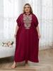 Embroidered Red Kaftan Women's Fashionable Robe Boho V-neck Batwing Sleeve Beach Maxi Dress Holiday Cozy House Robe Q1640