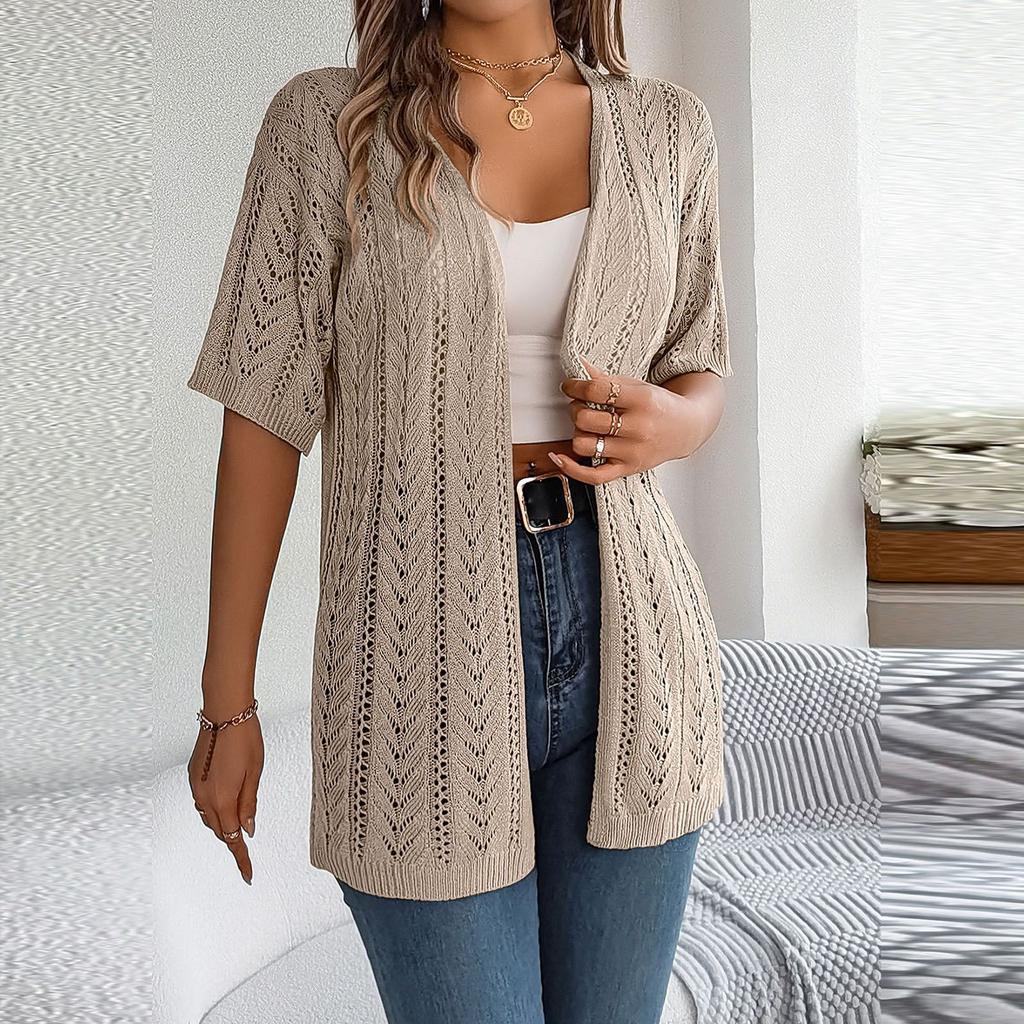 Женская модная повседневная трикотажная рубашка с короткими рукавами и солнцезащитным кремом для отдыха, однотонная куртка-кардиган