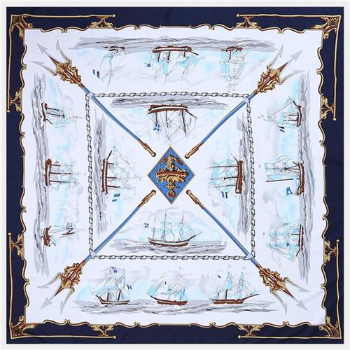 POBING 100% Silk Scarf Women Large Shawls Spain Warship Print Stoles Square Bandana Hijab Luxury Kerchief Female Foulards 130CM