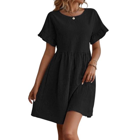 Летнее мини-платье с оборками, короткими рукавами, О-образным вырезом, плиссированное платье А-силуэта, однотонное платье со свободным подолом для свиданий, шопинга, путешествий