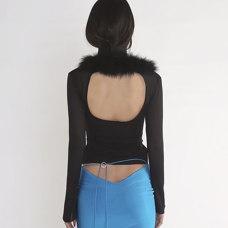 2022 Women Feather Fur Mesh Lace Up Backless Long Sleeve Cut Out Shirt Slim Sexy Party Club Streetwear Summer Y2K Crop Top