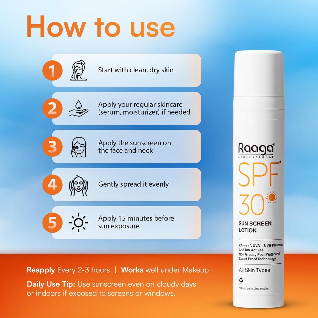 Raaga Professional Солнцезащитный лосьон SPF 30 PA++++ Защита UVA UVB Нежирный 55 мл Упаковка 1 шт.
