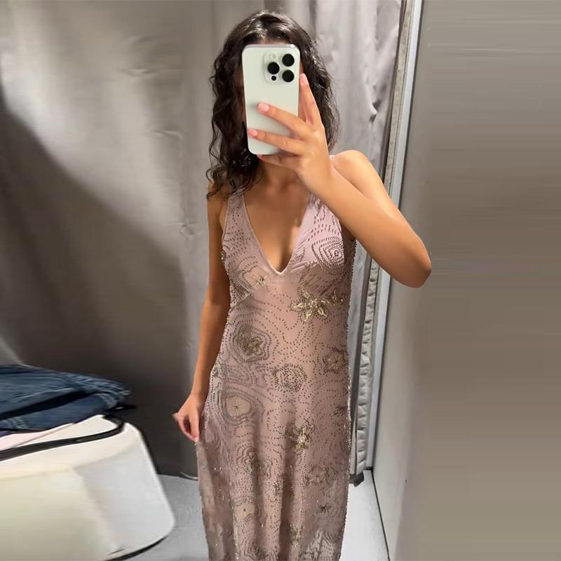 Сетчатое платье-слинг для женщин с V-образным вырезом, ромбами и оборками, длинные платья для женщин, без спинки, без рукавов, весна-лето, повседневное женское праздничное платье