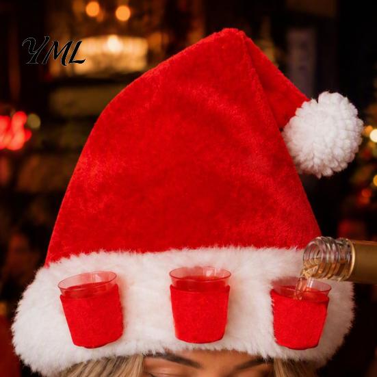 Christmas Drinking Accessories Plush Hat with Drink Holder, Adults Velvet Santa Claus Red White 3 Cups, Xmas Cap for New Year Holiday Party Winter