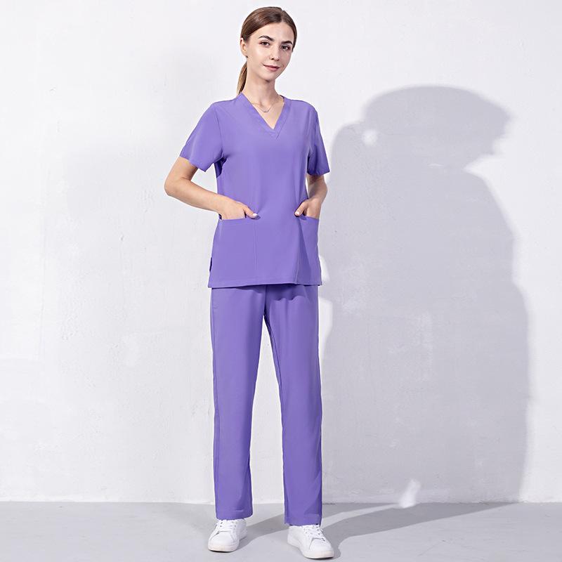 2 Pieces Outfits Women Nursing Working Tops+Loose Pants Nurse Suit Short Sleeve Quick Dry V-neck