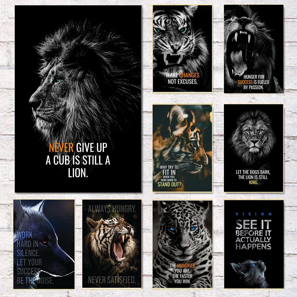 Motivational Quote Black Lion Tiger Canvas Paintings Inspired Art Classic Poster and Print Wall Painting for the Office of Home Decor