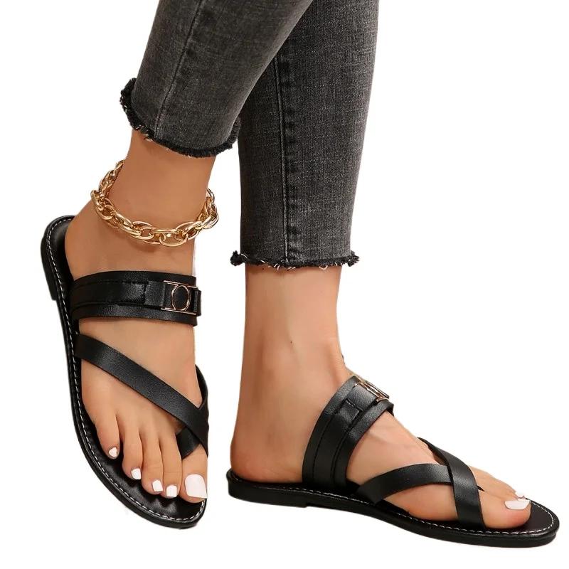 Модная обувь для женщин 2024 года, горячая распродажа, женские тапочки, летние римские однотонные повседневные пляжные тапочки на плоской подошве, удобные тапочки большого размера