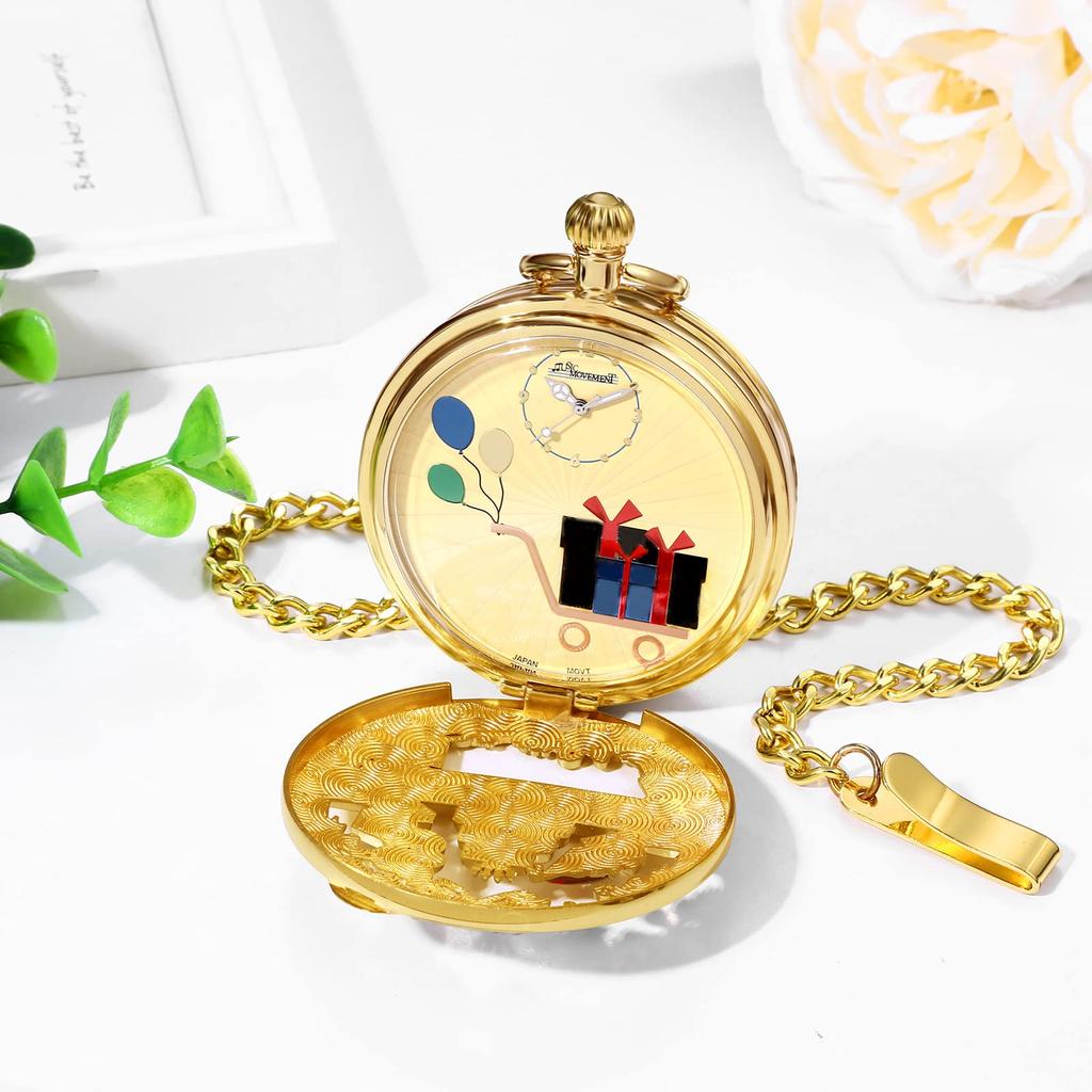 Music Box Pocket Watch Birthday Present Music Pocket Watch Birthday Song Watermark Engraving Analog with Lid Clip Chain Pocket Watch Cute Stylish Gold