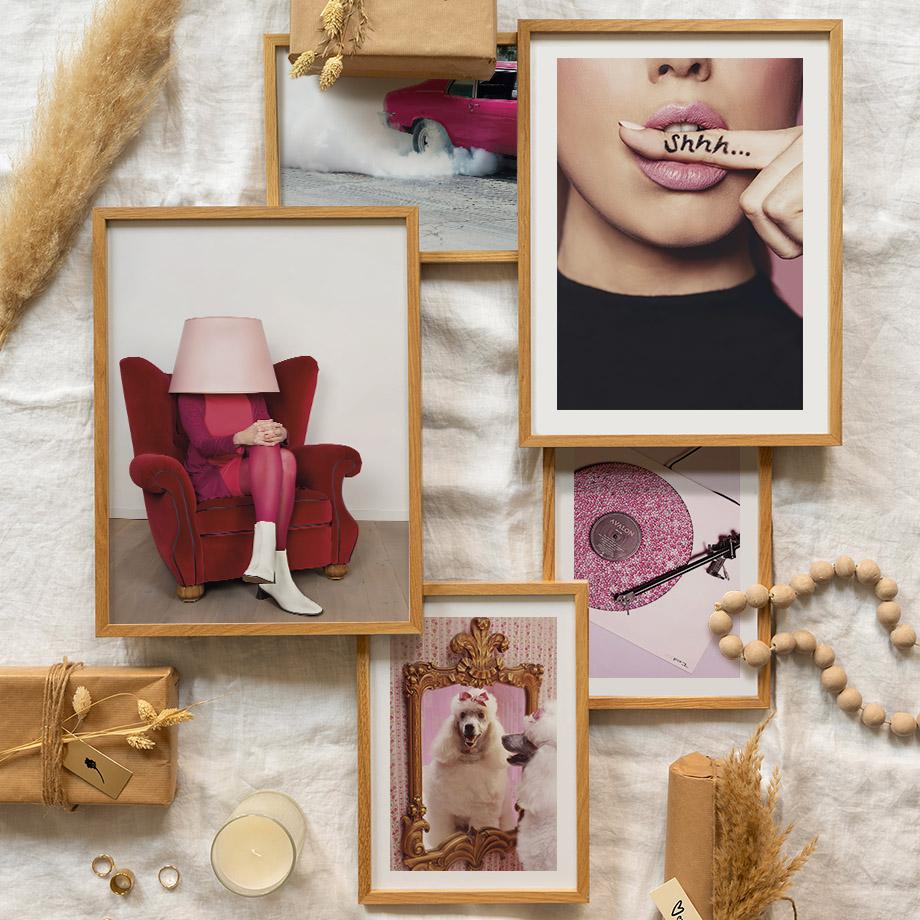 Настенный холст, постер, розовый блестящий плакат, поцелуй, девушка, собака, кошка, винтажный автомобиль, декор для гостиной, печать, картина, домашняя спальня