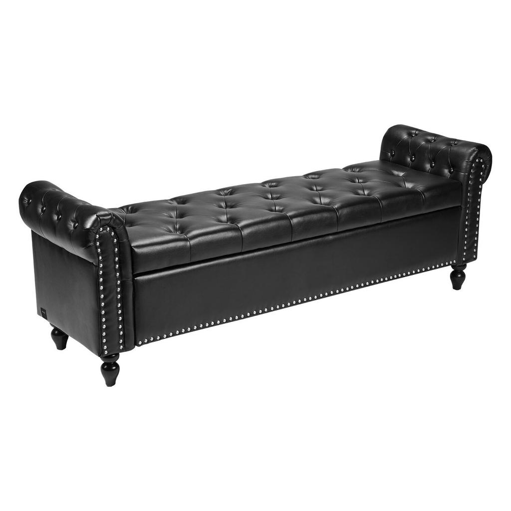 Button-Tufted Storage Ottoman Bench, Rolled Arm PU Leather Bench with Solid Wood Legs, Modern Shoe Benches Seat for Entryway, Upholstered End of Bed