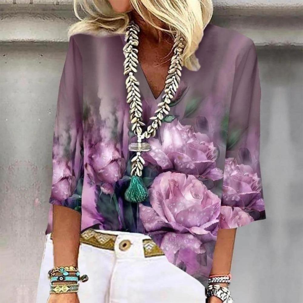 Women's Shirt Blouse Casual Loose Shirts 3/4 Sleeve Print V Neck Tops T-shirts Tee