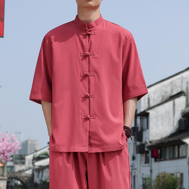 Летняя рубашка в китайском стиле с диском на пуговицах и рукавом три четверти, мужская повседневная рубашка с воротником-стойкой, однотонная рубашка больших размеров