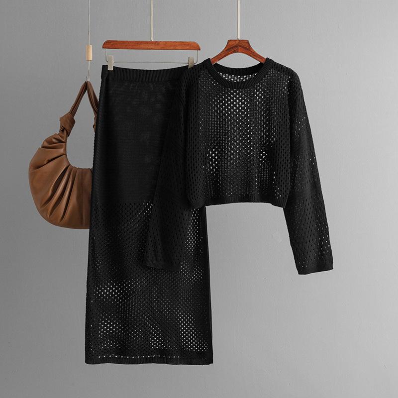2026 Summer Casual Temperament Commuter Women Wear Y2k Harajuku Fashion New Hollow Knit Long Skirt Trend Simple Two-Piece Skirt