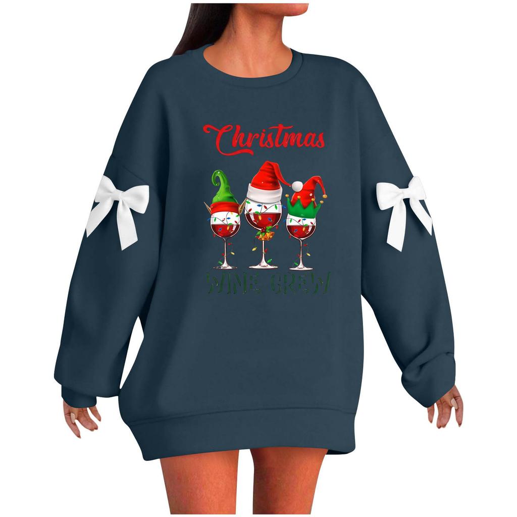Ladies' Christmas Printed Bow Round Neck Long Sleeved Loose Pullover Sweater Sweatshirt Top