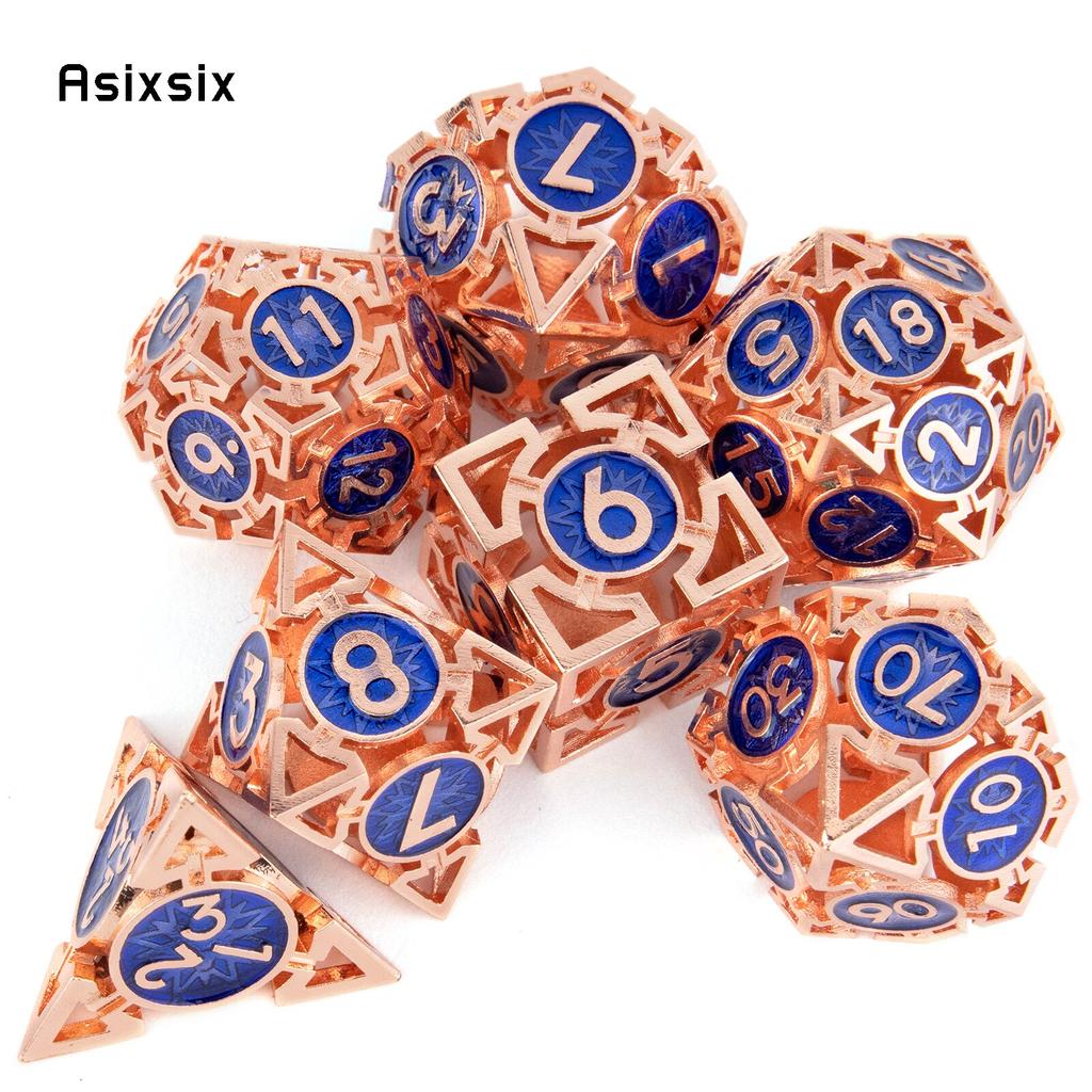 7 Pcs  Copper Blue Metal Dice Circular Hollow Metal Polyhedral Dice Set Suitable for Role-Playing RPG  Board Game Card Game