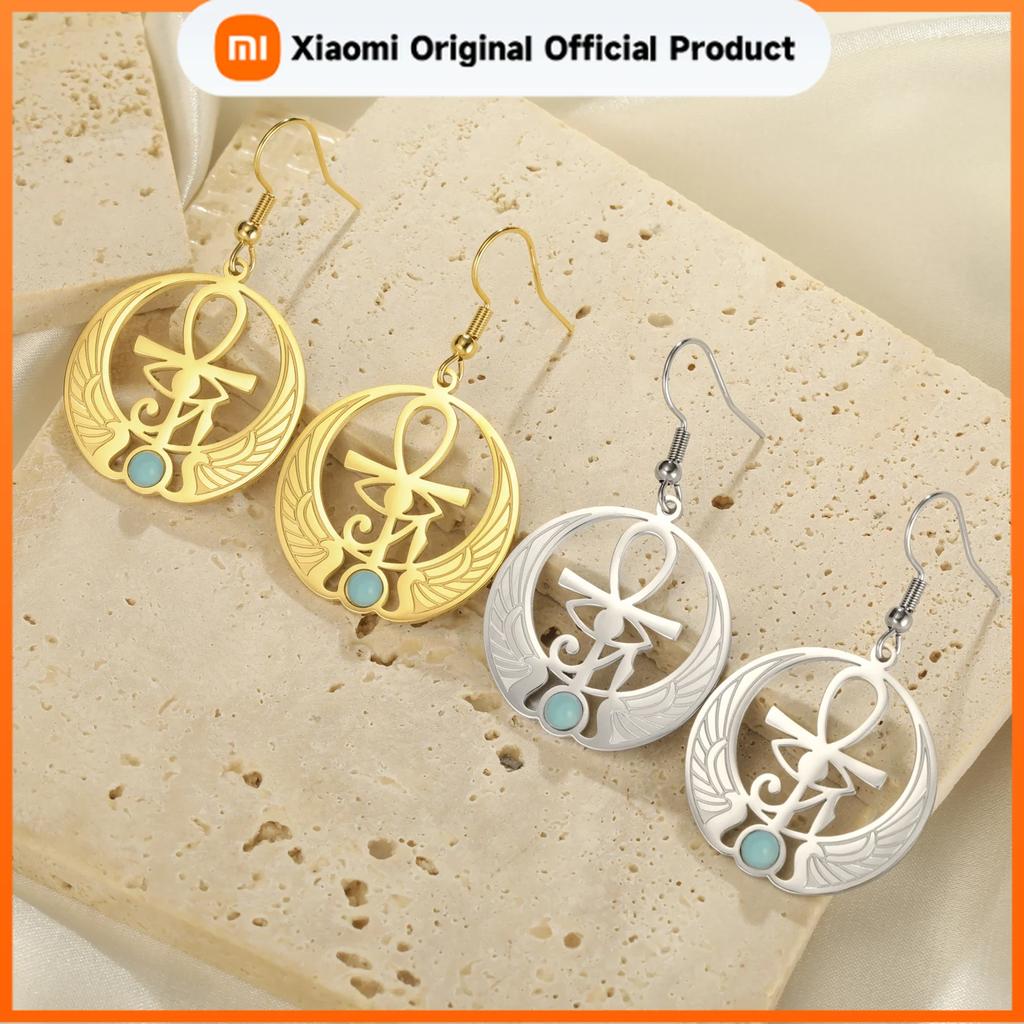 Xiaomi Skyrim Egyptian Eye of Ra Horus Ankh Cross Dangle Earrings with Turquoise Stainless Steel Round Pendant Earring Amulet Jewelry
