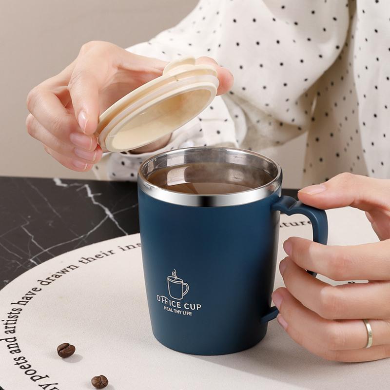 304 Stainless Steel Thermal Double Wall Coffee Cup Heat Insulation Anti-fall Thermos Mug with Cover and Handle Leak-Proof Cups