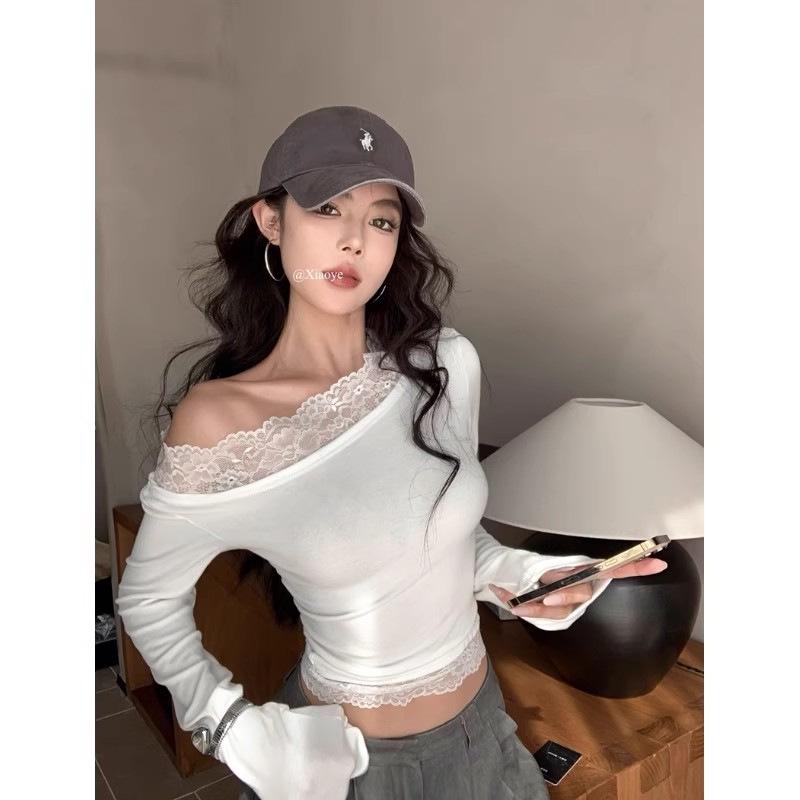 2024 Кружевной топ на одно плечо с длинными рукавами, облегающий крой