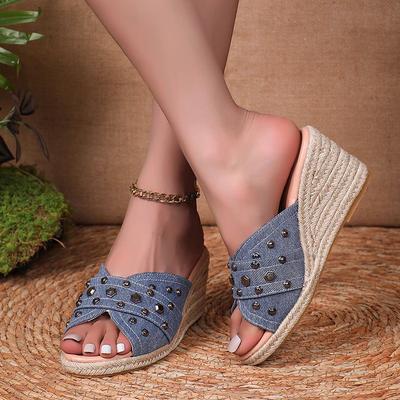 Модные женские сандалии Модные джинсовые сандалии на массивной платформе Женские 2025 Декор заклепками Туфли-шлепанцы с открытым носком на толстой подошве