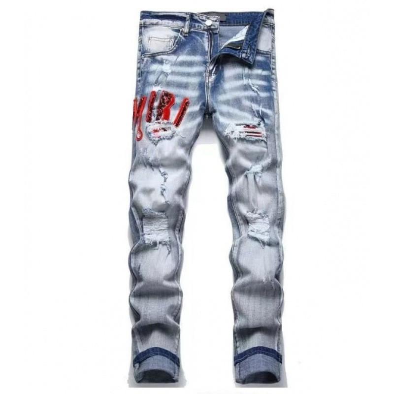 Mens Slim Fit Jeans Streetwear Distressed Embroidered Denim Pants Youth