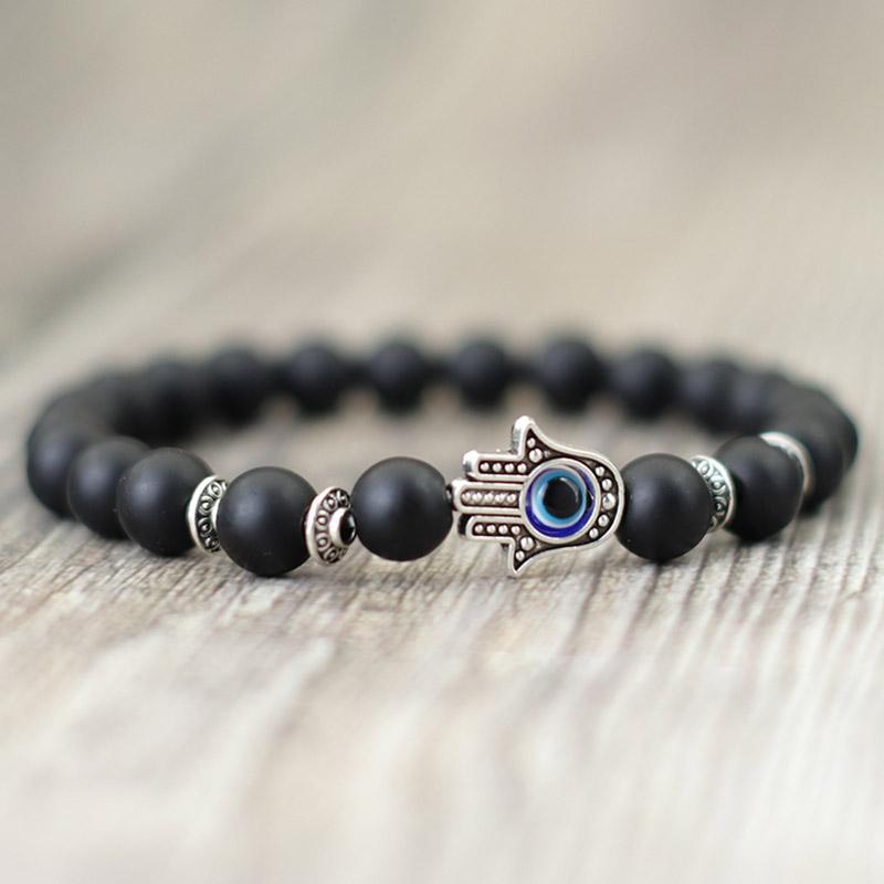 Evil Eyes Bracelet For Men Women Gothic Fatima Hand Braclet 8mm Natural Lava Lapis Lazuli Stone Beaded