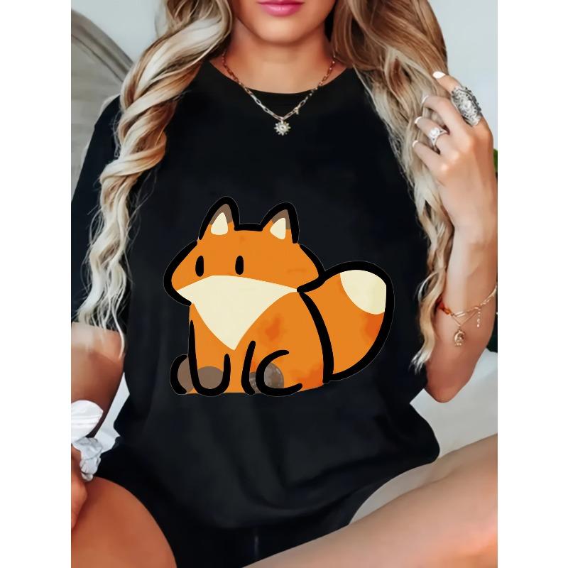 Cute Fox Print Loose Fit T Shirt Black Cartoon Animal Design For Women Casual Wear Daily Outfit Summer Top Fashion Trendy Style