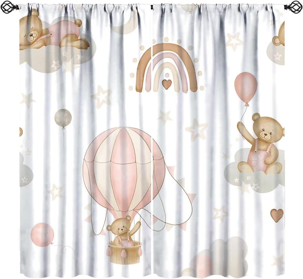 Cartoon Blue Bear Curta For Boys,Watercolor Little Cute Animal Aircrafts Hot Air Balloons Rainbow Window Drapes For Baby Boys