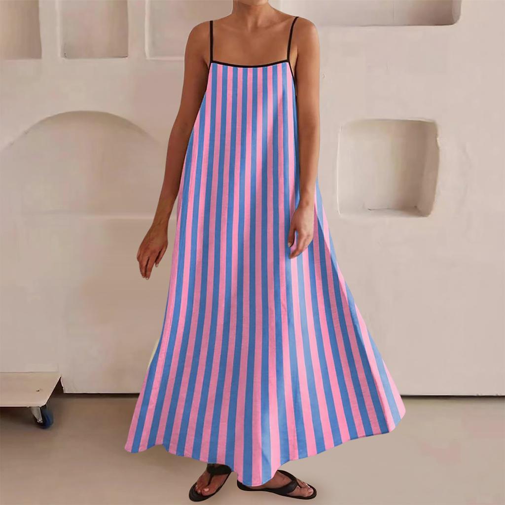 Ladies' Loose Comfortable Casual Fashionable Striped Printed Cotton Leprosy Suspender Large Swing Dress