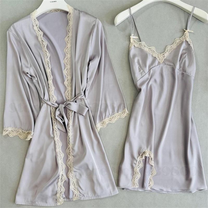 Sexy Lace Bathrobe Gown Nightdress Lingerie Summer New Female Nighty&Robe Set Nightgown Silky Satin Home Clothes Loungewear