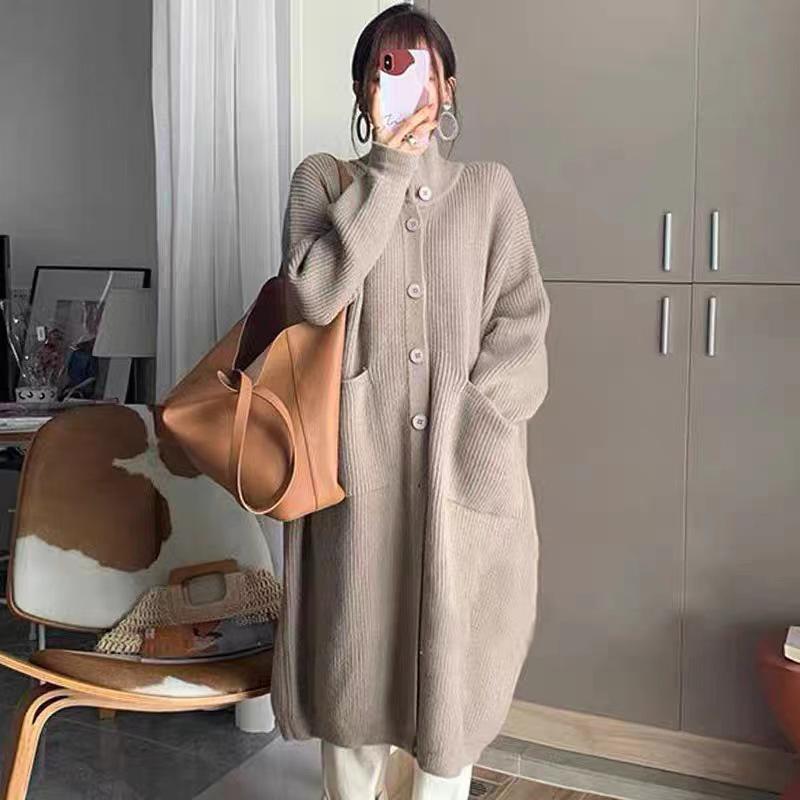 2026 Korean High Neck Women's Knit Cardigan - Solid Color, Single-Breasted, Long Sleeve, Mid-Length for Spring
