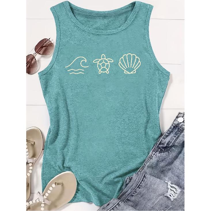 Elegant Vest for Women Wave, sea turtle, and shell pattern printed casual loose summer vest Fashionable and elegant tops for commuting, vacation, and