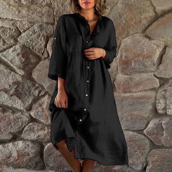 Women Summer Loose Shirt Dress Stand Collar 3/4 Sleeve Buttons Placket Solid Color Loose Fit Midi Dress Streetwear
