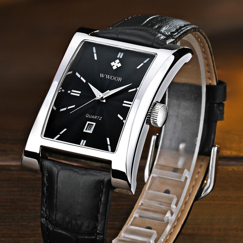 WWOOR Classic Fashion Mens Rectangle Watches Male Gold Brown Leather Quartz Waterproof Wrist Watch