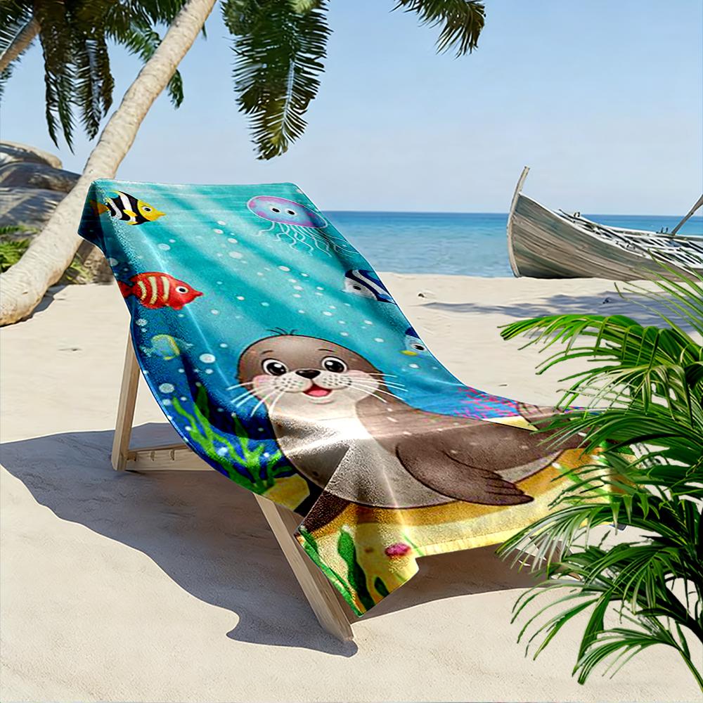 Cartoon Seal and Colorful Fish Design Beach towel quick-drying for travel outdoor sports jogging beach and swimming