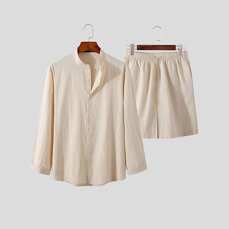 Мужской гавайский костюм, летняя однотонная рубашка с воротником-стойкой и длинными рукавами, пляжные шорты, уличная одежда, комплект из 2 предметов высокого качества