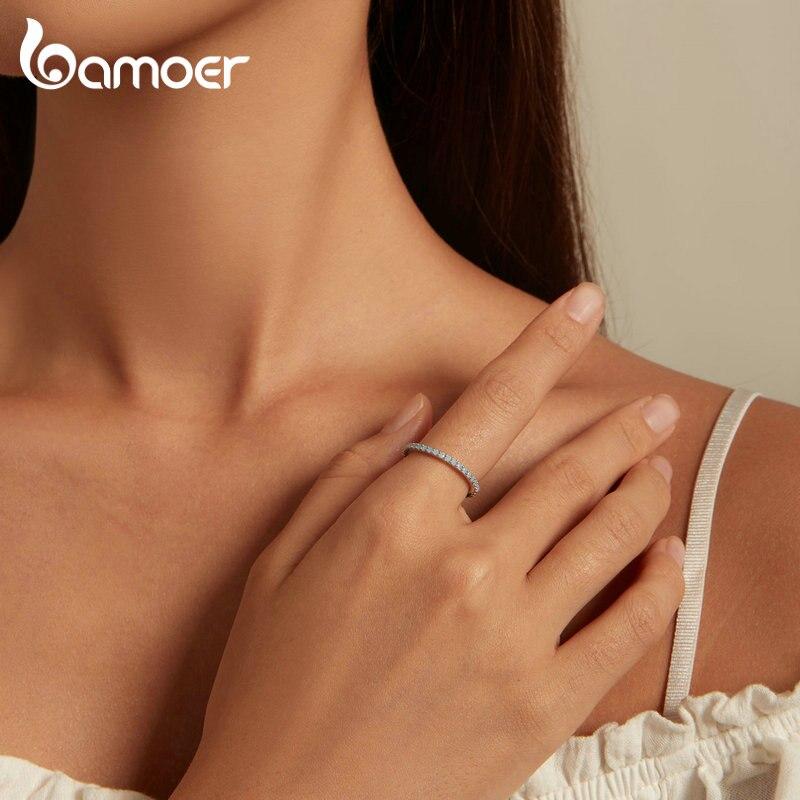 BAMOER 925 Sterling Silver Blue Simple Finger Ring Stackable Eternity Bands for Women Gift Platinum Plated Fine Jewelry