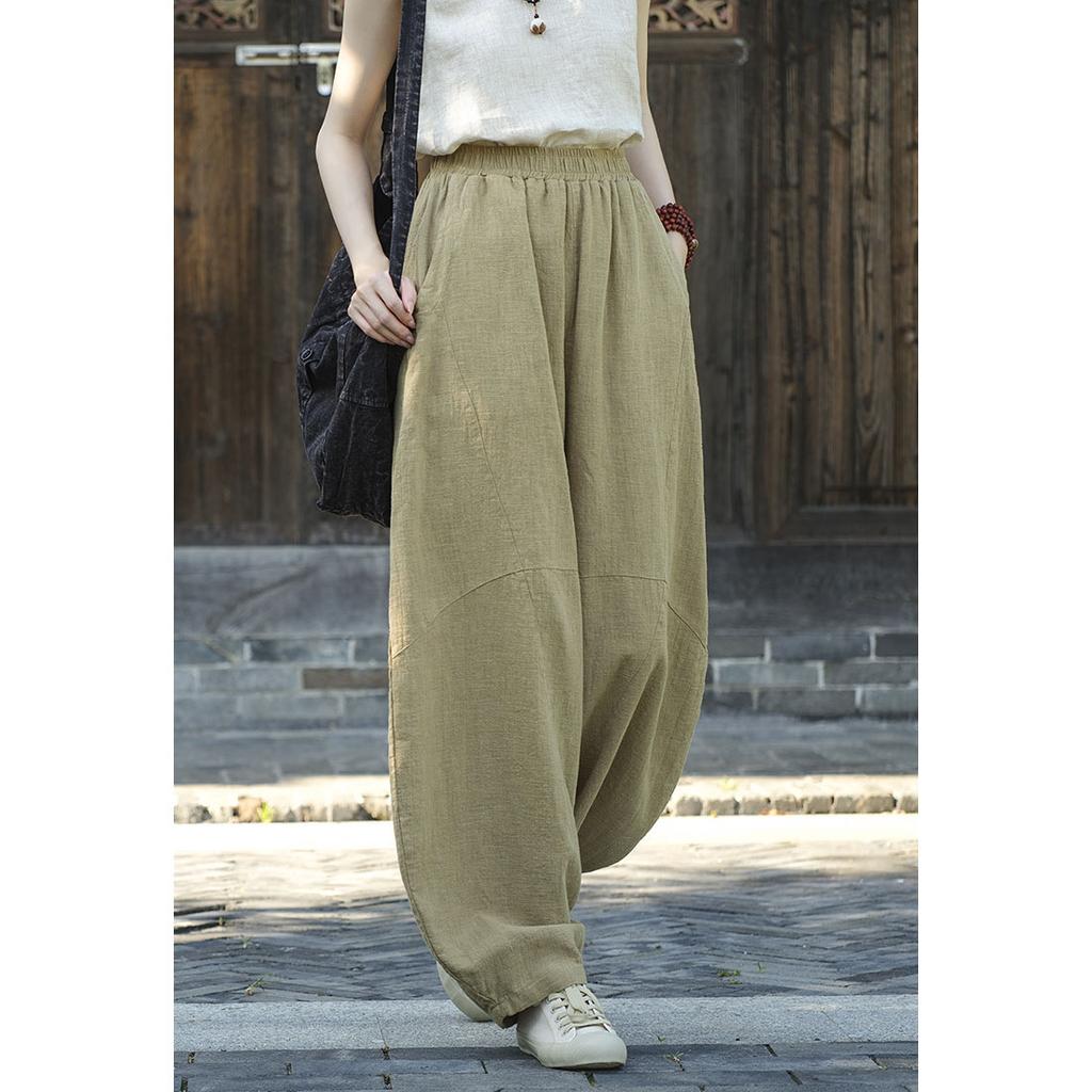 Women Vintage Ramie Cotton Linen Pants Elastic Waist Wide Leg Trousers Spring Summer Tie-dye Harem Pants Loose Bloomers