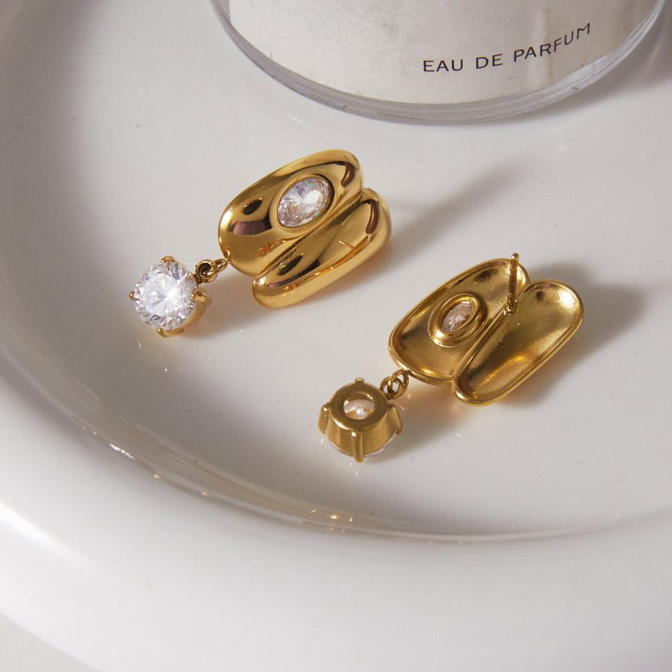 Non Tarnish Chunky Oval CZ Drop Earrings Stainless Steel 18K Gold Plated Statement Earrings for Women