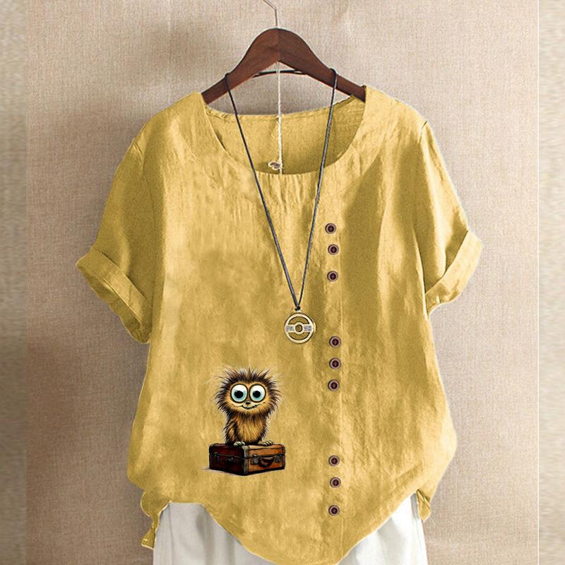 Women's Fashion Owl Prined Short Sleeve T-shirt Loose Cotton Shirt Casual Loose Summer Blouse Plus Size Tops