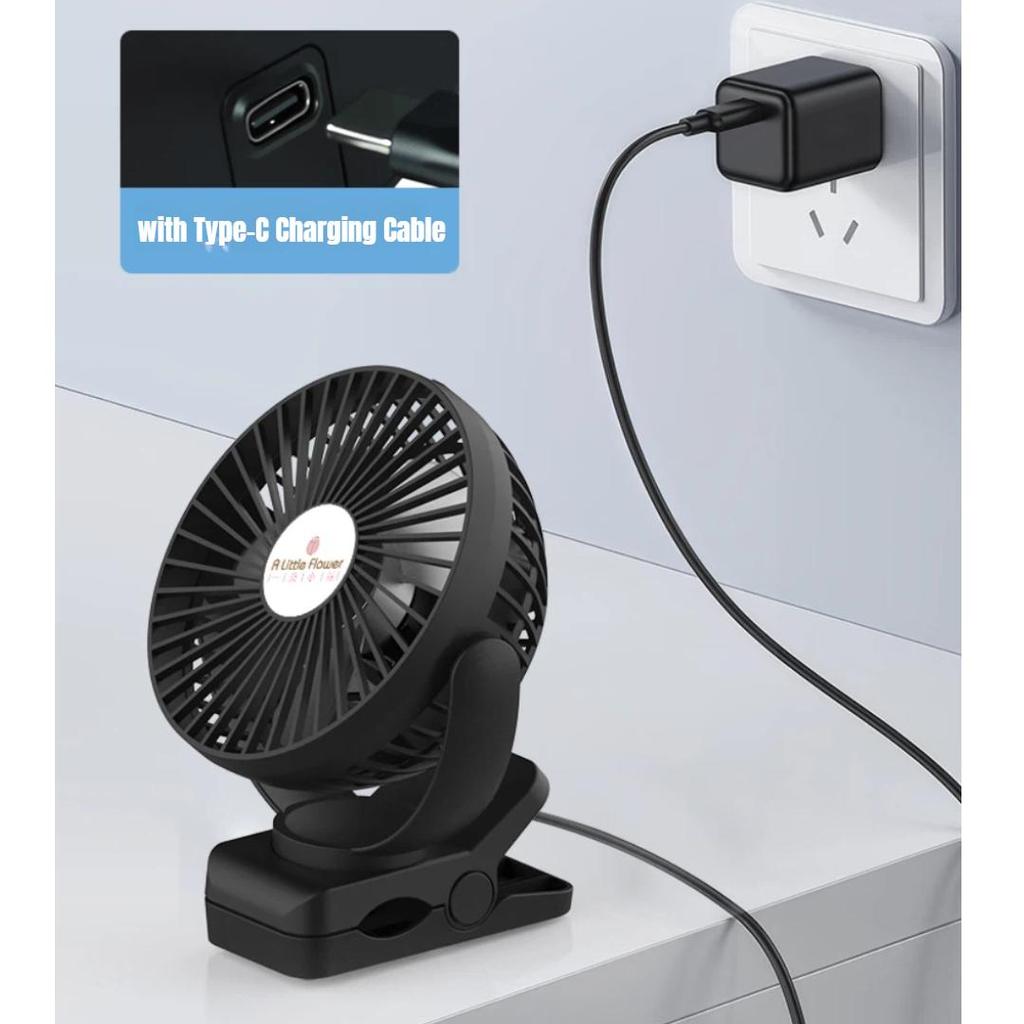 ALittleFlower Clip-On Desktop Fan, Rechargeable Fan, Quiet Bedside Clip Fan, 4000mAh, 3-Speed, Black