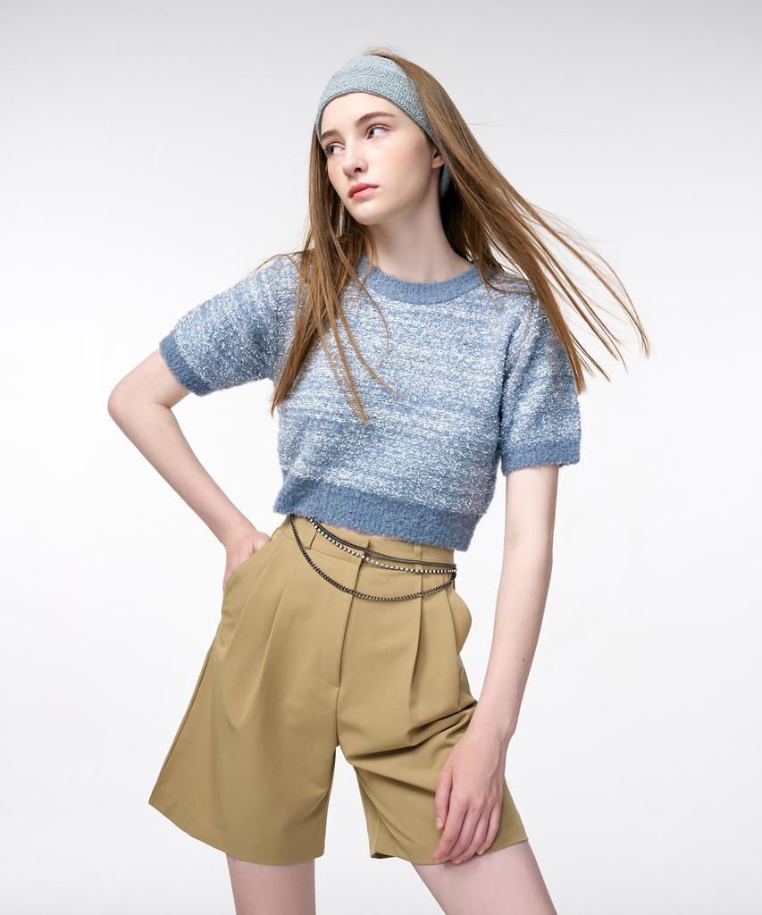 ETMON Color Blend Short Sleeve Knit Top Grayish Blue