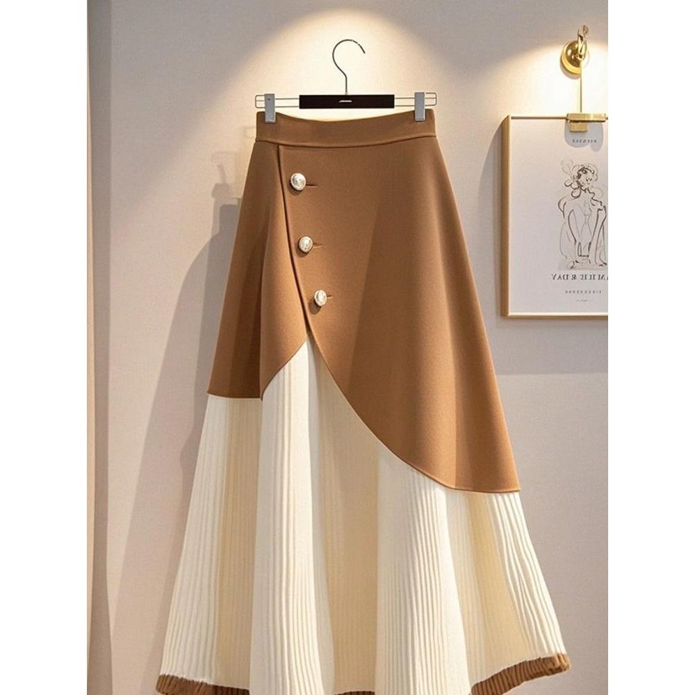 Элегантная вязаная миди-юбка цвета хаки - Зима 2025 Трендовая А-силуэта с высокой талией