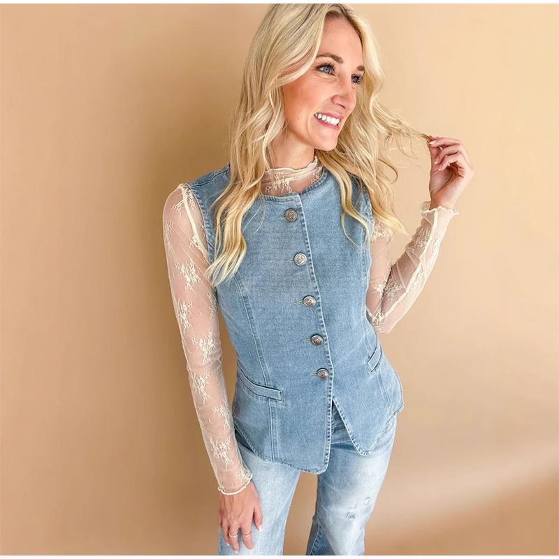 Повседневный женский джинсовый жилет, облегающий, с круглым вырезом, однобортный, на пуговицах, без рукавов, женский, весна 2025, женский винтажный универсальный жилет