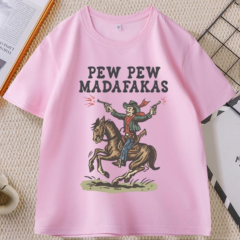 Retro Cowboy TShirt Pew Pew Madafakas Tshirt Funny Western Vintage Graphic Tee Cotton Short Sleeve Printed T Shirt Clothes