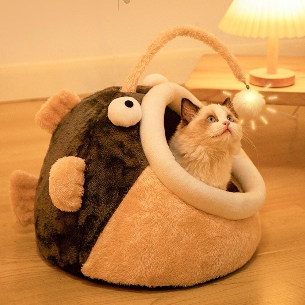 Cat Kennel Cartoon Lantern Fish Cat Bed Warm Soft Cat House Tent Non Slip Bottom Washable Cave Cats Beds Autumn Winter