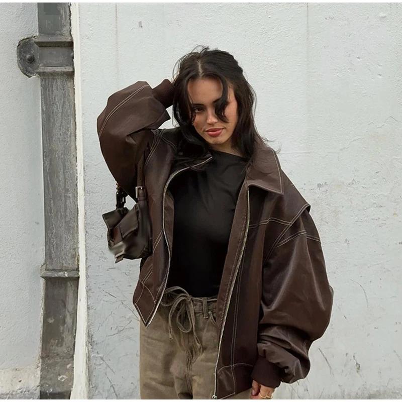Повседневная свободная куртка женская мода рукав-фонарик лацкан кожа женские пальто осень уличный большой размер шикарные женские куртки